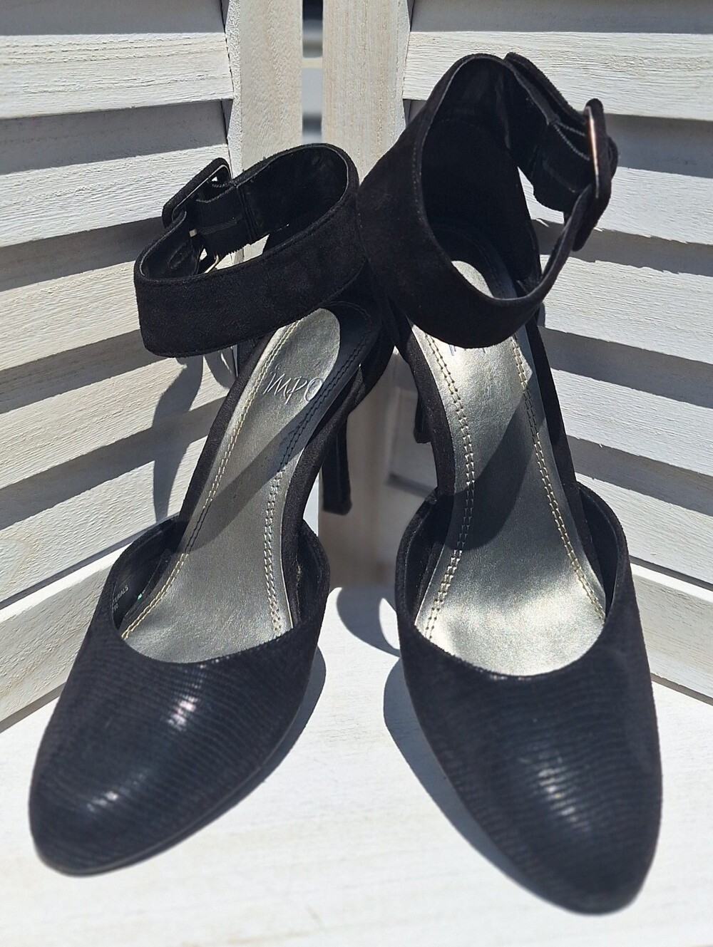 Impo Black Pointed-Toe Ankle Strap Heels